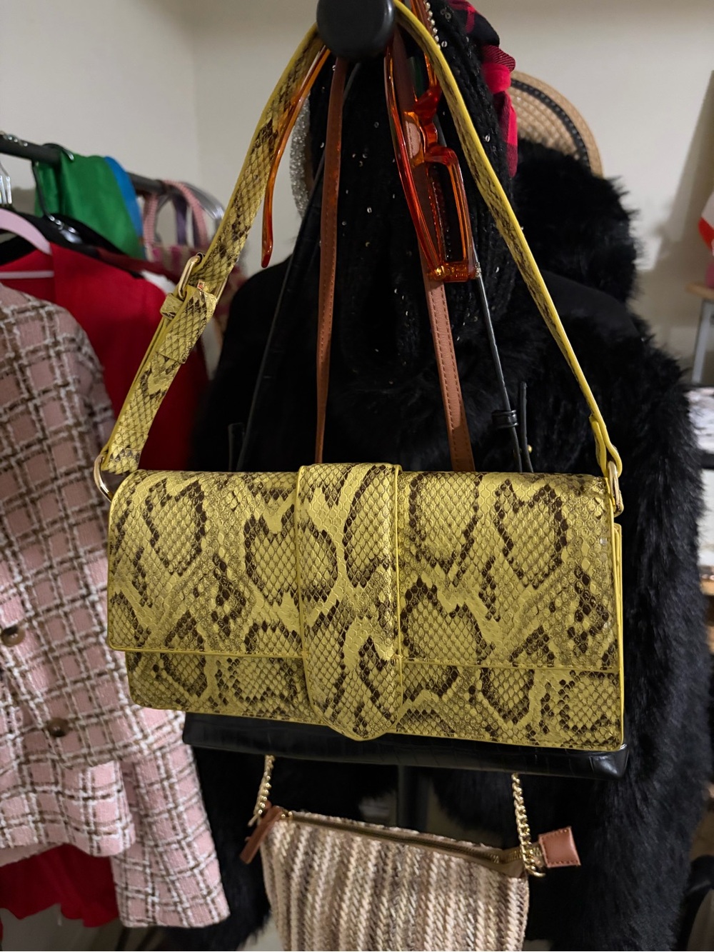 JustFab Yellow Snake-Print Shoulder Bag